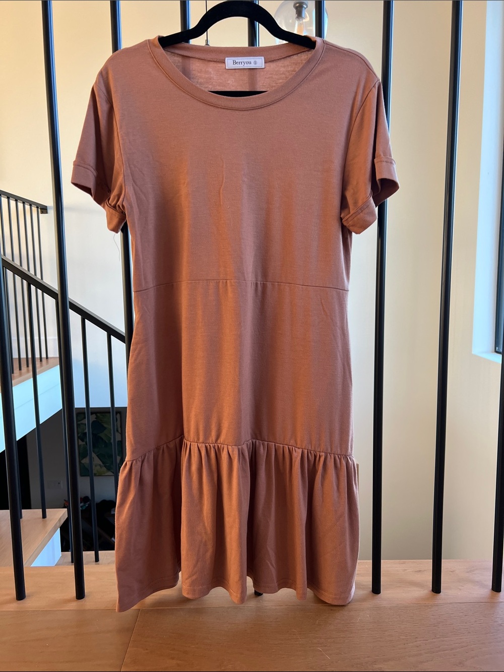 Berryou Rust Short Sleeve Ruffle Hem Dress